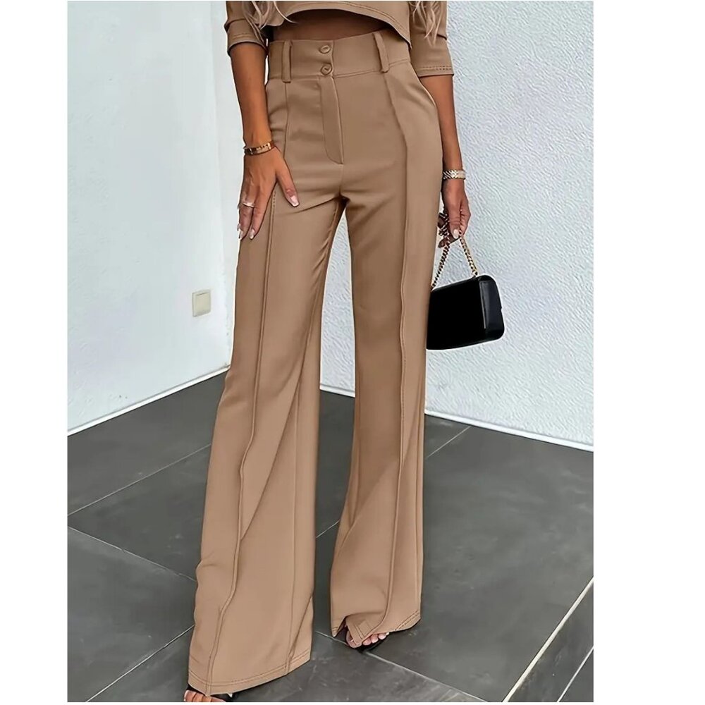 Chic Khaki Wide Leg Hi Waist Pants L